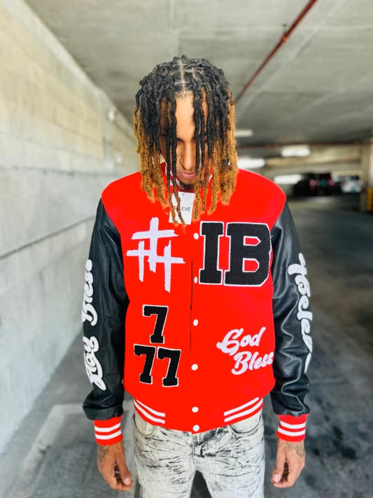 IBELEVE RED VARSITY JACKET
