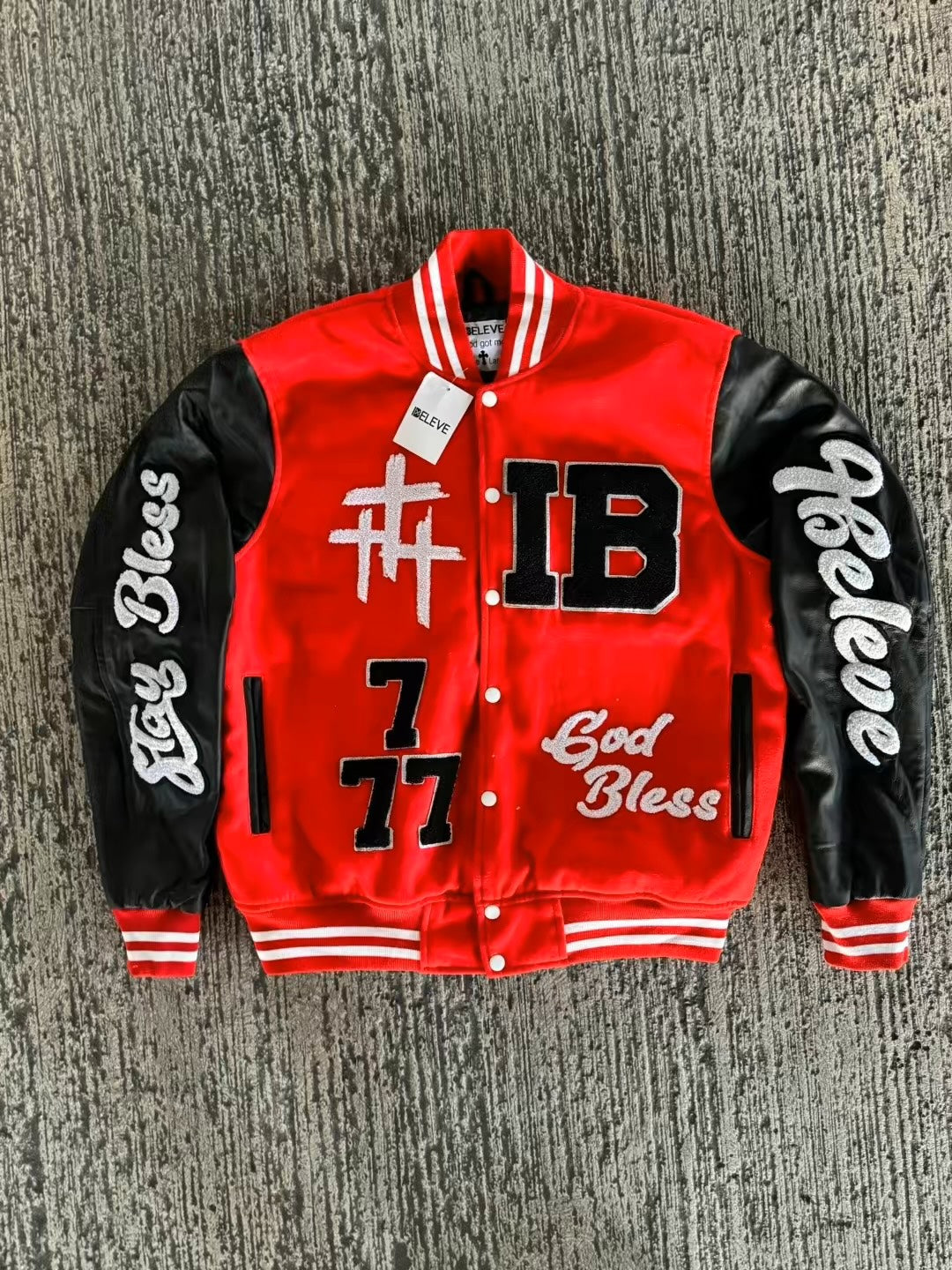 IBELEVE RED VARSITY JACKET