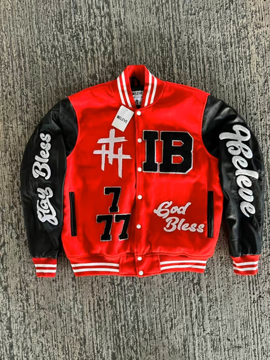 IBELEVE RED VARSITY JACKET