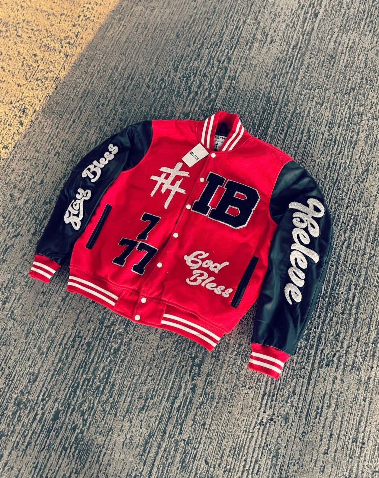IBELEVE RED VARSITY JACKET